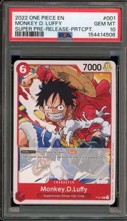 One Piece CCG Monkey.D.Luffy Super Pre-Release Participation P-001 PSA 10 - Image 1
