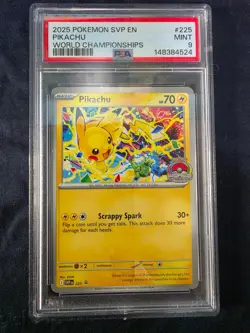 2025 POKEMON SVP EN-SV BLACK STAR PROMO WORLD CHAMPIONSHIPS #225 PIKACHU PSA 9 - Image 1