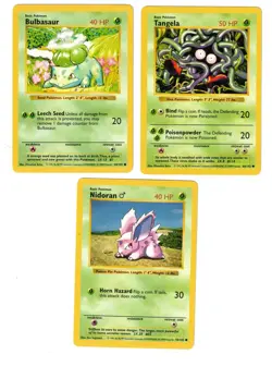 POKEMON BASE SET SHADOWLESS GRASS LOT OF 3 MP VINTAGE BULBASAUR NIDORAN TANGELA - Image 1