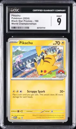 2024 POKEMON SVP EN-SV BLACK STAR PROMO WORLD CHAMPIONSHIPS #190 PIKACHU CGC 9 - Image 1
