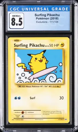 2016 POKEMON XY EVOLUTIONS #111 SURFING PIKACHU CGC 8.5 - Image 1