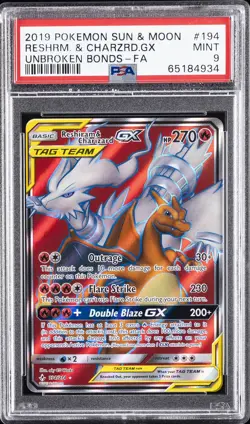 2019 POKEMON SUN & MOON UNBROKEN BONDS FULL ART/RESHIRAM & CHARIZARD GX PSA 9 - Image 1