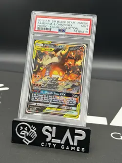 2019 POKEMON SM BLACK STAR PROMO #SM201 RESHIRAM & CHARIZARD GX FULL ART PSA 9 - Image 1