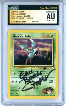 CGC Auto 10 Signed Eric Stuart Pokemon Brock's Zubat 024/132 Gym Heroes Regular - Image 1