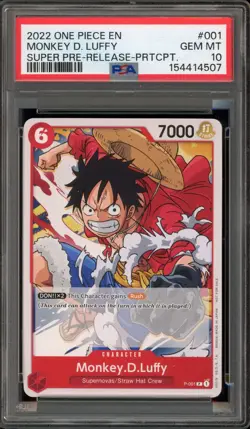 One Piece CCG Monkey.D.Luffy Super Pre-Release Participation P-001 PSA 10 - Image 1