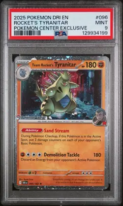 2025 POKEMON DESTINED RIVALS POKEMON CENTER #096 TEAM ROCKET'S TYRANITAR PSA 9 - Image 1