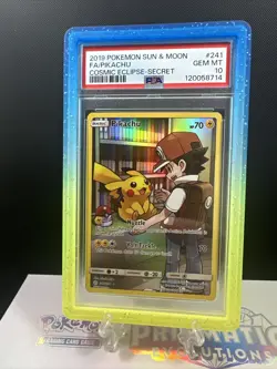 2019 POKEMON SUN & MOON COSMIC ECLIPSE SECRET #241 FULL ART/PIKACHU PSA 10, - Image 1