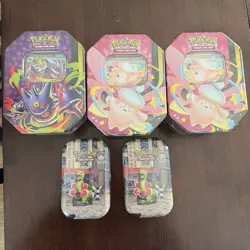 Pokemon 5 Tin Lot Mega Moonlit Tin & Lumiose City Mini Tin Gengar Clefable - Image 1