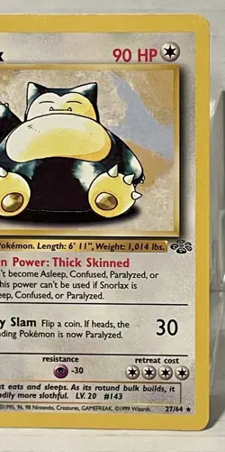 Unlimited Jungle Snorlax 27/64 Pokemon Card WOTC Non Halo Vintage LP - Image 2