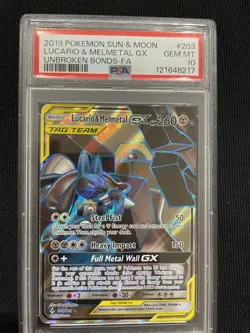 2019 POKEMON SUN & MOON LUCARIO & MELMETAL GX UNBROKEN BONDS #203 PSA 10 FA - Image 1