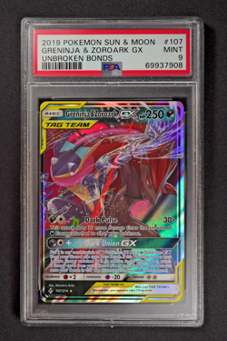 2019 Pokemon Greninja & Zoroark 107/214 Tag Team Unbroken Bonds GX PSA 9 Mint - Image 1