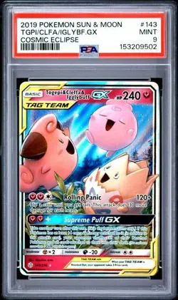 PSA 9 Togepi Cleffa Igglybuff GX 143/236 Pokemon Cosmic Eclipse Tag Team - Image 1