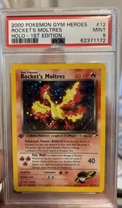 Pokemon TCG Rockets Moltres Holo Rare Card 12/132 Gym Heroes 1st Edition PSA 9 - Image 1