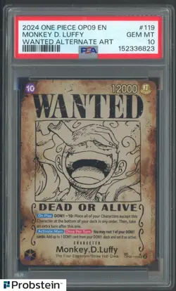 2024 One Piece OP09 En #119 Monkey D. Luffy Wanted Alternate Art PSA 10 GEM MINT - Image 1