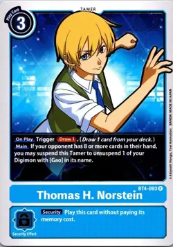 Thomas H. Norstein BT4-093 Blue Rare Tamer Digimon CCG Card NM Pack Fresh - Image 1