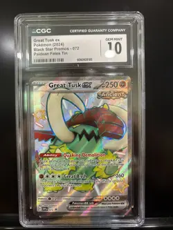CGC 10 Great Tusk ex Shiny 072 Black Star Promo Paldean Fates Tin Pokemon Card - Image 1
