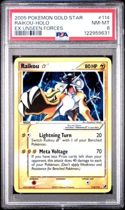 2005 POKEMON EX UNSEEN FORCES GOLD STAR #114 RAIKOU-HOLO PSA 8 - Image 1