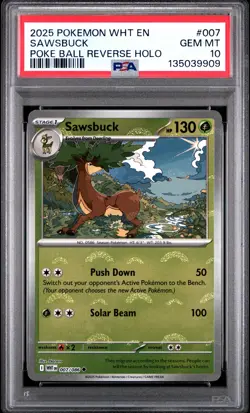 2025 POKEMON WHT EN-WHITE FLARE POKE BALL REVERSE HOLO #007 SAWSBUCK PSA 10 - Image 1