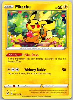 Pikachu 052/196 Common Lost Origin Pokemon Near Mint - Image 1