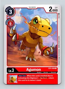 Agumon BT4-008 Common Red Rookie (Lv3) Digimon Card CCG - Image 1