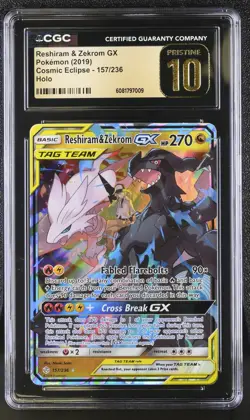CGC 10 Pristine Pokemon English Reshiram & Zekrom GX 157/236 2019 Cosmic Eclipse - Image 1