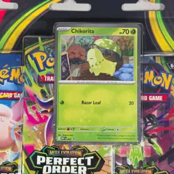 Pokemon TCG Mega Evolution Perfect Order Chikorita 3-Pack Blister Booster Sealed - Image 3