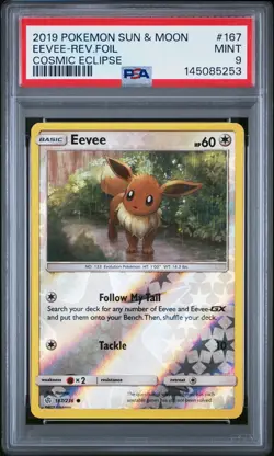 2019 POKEMON SUN & MOON COSMIC ECLIPSE #167 EEVEE-REVERSE FOIL PSA 9 - Image 1