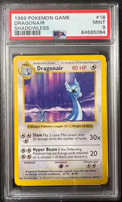 1999 Pokemon Dragonair Base Set Shadowless Rare #18 PSA 9 Mint - Image 1