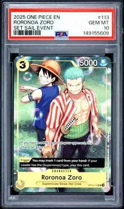 2025 ONE PIECE PROMOS SET SAIL EVENT #113 RORONOA ZORO PSA 10 - Image 1