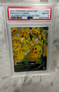 2021 POKEMON SWSH BLACK STAR PROMO CELEBRATIONS COLL #142 PIKACHU V-UNION PSA 8 - Image 1