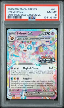 2025 POKEMON PRE EN-PRISMATIC EVOLUTIONS SURPRISE BOX EXCLUSIVE SYLVEON EX PSA 8 - Image 1