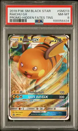 2019 POKEMON SM BLACK STAR PROMO HIDDEN FATES TINS #SM213 RAICHU GX PSA 8 - Image 1