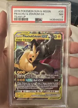 POKEMON 2019 SUN & MOON TEAM UP PIKACHU & ZEKROM GX 33 PSA 7 - Image 1