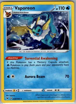 Vaporeon 030/185 Holo SWSH04: Vivid Voltage - Pokemon Card - NM - Image 1