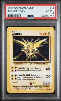 1999 POKEMON BASE SET UNLIMITED #16 ZAPDOS-HOLO PSA 6 - Image 1