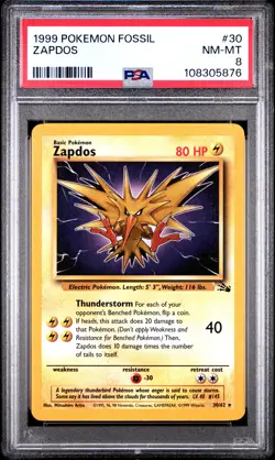 1999 POKEMON FOSSIL #30 ZAPDOS PSA 8 - Image 1