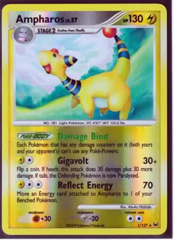 2009 POKEMON Card AMPHAROS 1/127 PLATINUM-RARE-REVERSE HOLO- NM/LP (Excellent) - Image 1