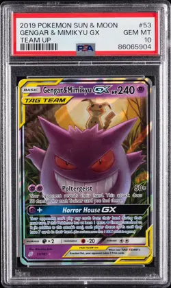 2019 POKEMON SUN & MOON TEAM UP #53 GENGAR & MIMIKYU GX PSA 10 - Image 1