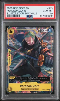 2025 ONE PIECE PROMOS ILLUSTRATION BOX VOL.3 #113 RORONOA ZORO PSA 10 - Image 1