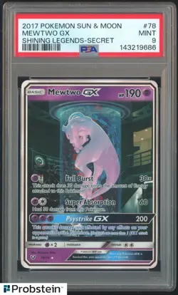 2017 Pokemon Sun & Moon Shining Legends Secret #78 Mewtwo GX PSA 9 MINT - Image 1