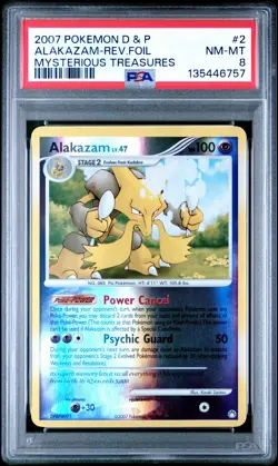 2007 POKEMON DIAMOND & PEARL MYSTERIOUS TREASURES #2 ALAKAZAM-REVERSE FOIL PSA 8 - Image 1