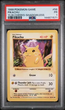 1999 POKEMON BASE SET SHADOWLESS YELLOW CHEEKS #58 PIKACHU PSA 1 - Image 1