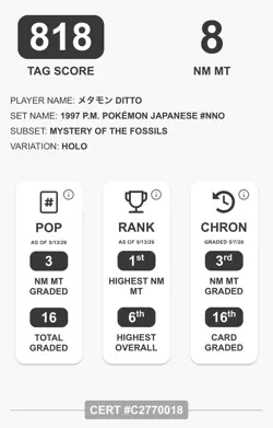 Pokemon TAG 8 Ditto - Mystery of the Fossils - Japanese 1997 Holo #132 - Image 3
