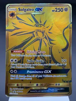 Solgaleo GX SM104a - Gold Full Art - Sun & Moon Promo Pokemon Card HEAVY PLAY - Image 1