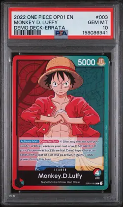 2022 ONE PIECE OP01 DEMO DECK-ERRATA #003 MONKEY D. LUFFY PSA 10 low population - Image 1