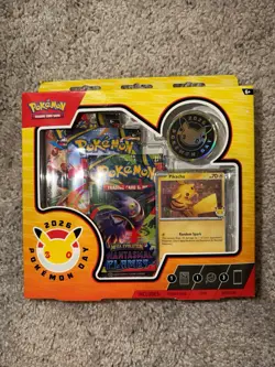 🔥Pokemon Day 2026 Collection Box Pikachu Promo Stamped +3 Booster Packs Coin - Image 1