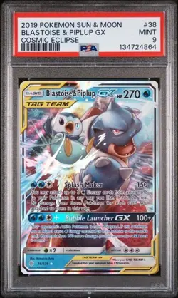 PSA 9 Blastoise & Piplup GX 38/236 Cosmic Eclipse Tag Team Pokemon TCG PSA 9 - Image 1