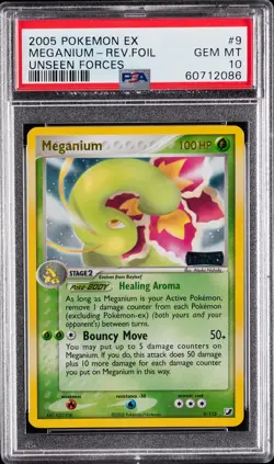 2005 POKEMON EX UNSEEN FORCES #9 MEGANIUM-REVERSE FOIL PSA 10 - Image 1