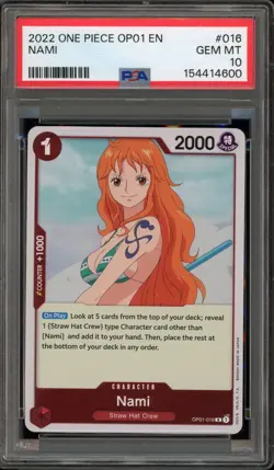 One Piece CCG Nami OP01-016 PRE ERRATA PSA 10 Gem Mint - Image 1