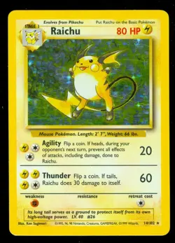 Pokemon RAICHU 14/102 Base Set - RARE HOLO - NEAR MINT - Image 1